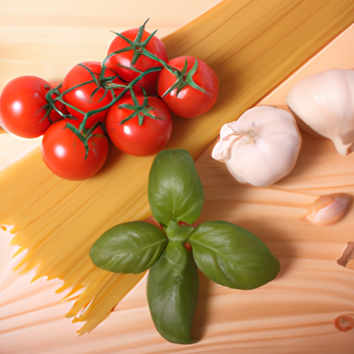 Fresh ingredients for making spaghetti including tomatoes, garlic, and basil